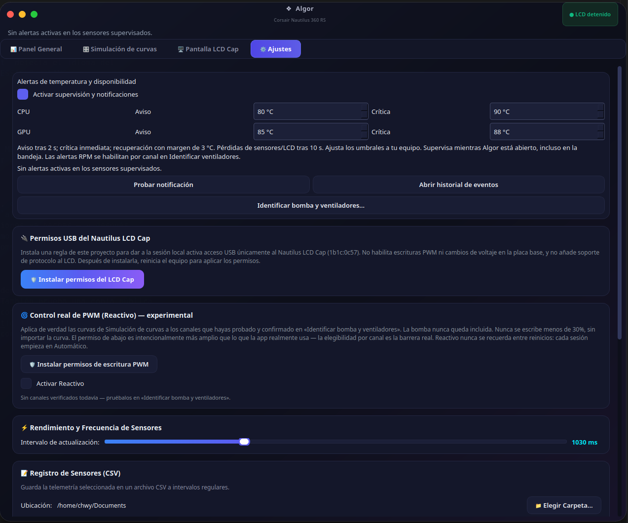 Settings: alerts, USB permissions and opt-in PWM control