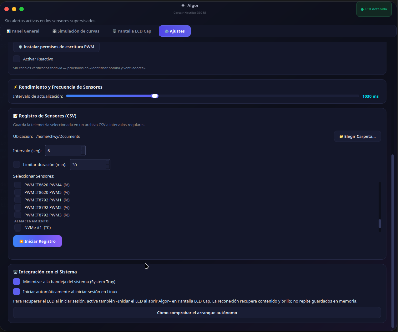 Settings: CSV logging and system integration